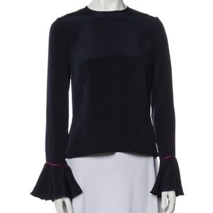 Roksanda Navy Silk Blouse with Bell Sleeves